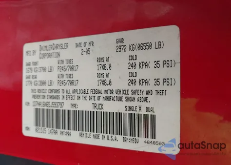 2005 Dodge Ram 1500 Slt/Laramie из США, поврежденный, VIN 1D7HA16N65J593797